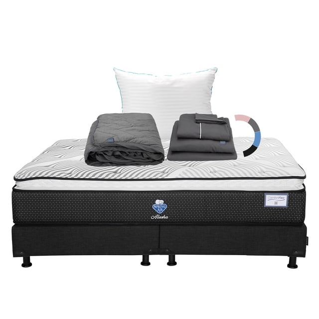Colchon King Size Alaska+Box Base Cama+Almohada Royal+Protector Lux+Sabanas Royal