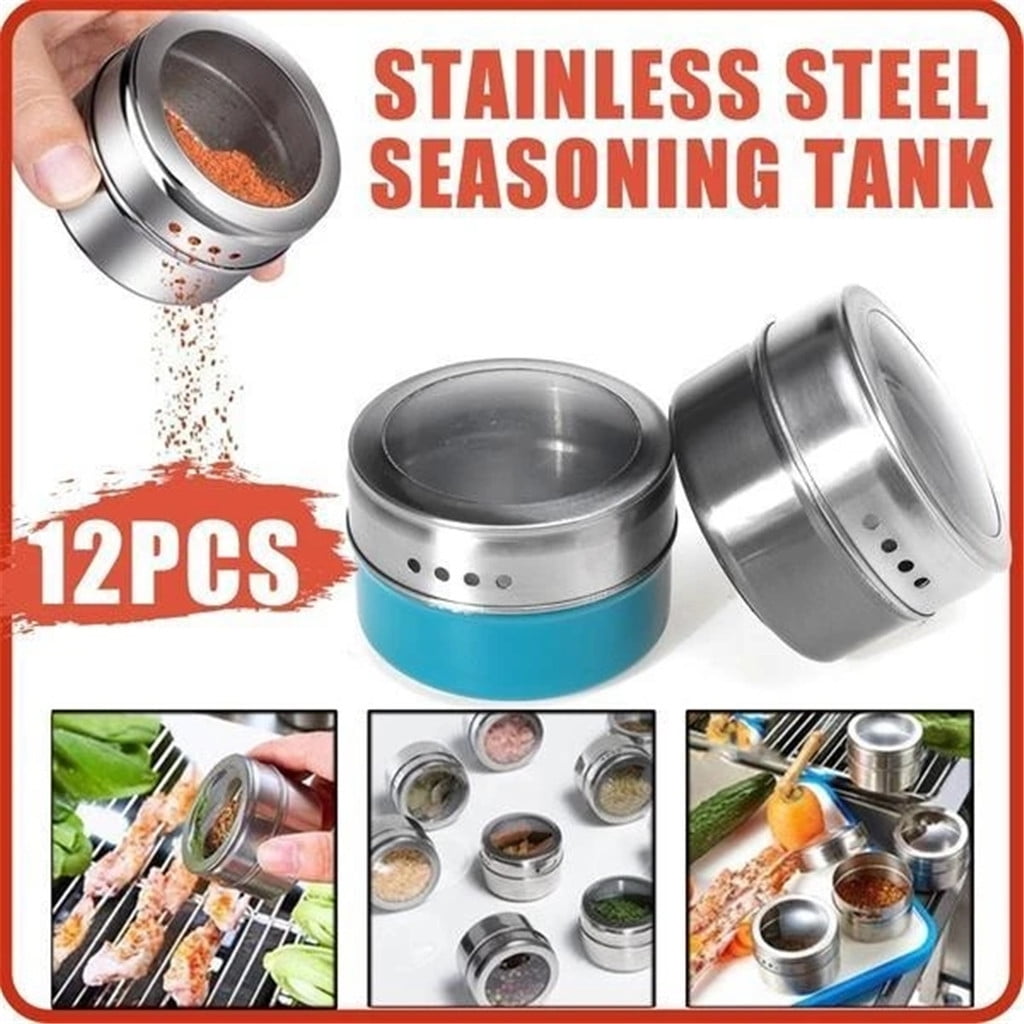 12pcs Magnetic Spice Tins Stainless Steel Storage Container Jars Clear Lid 