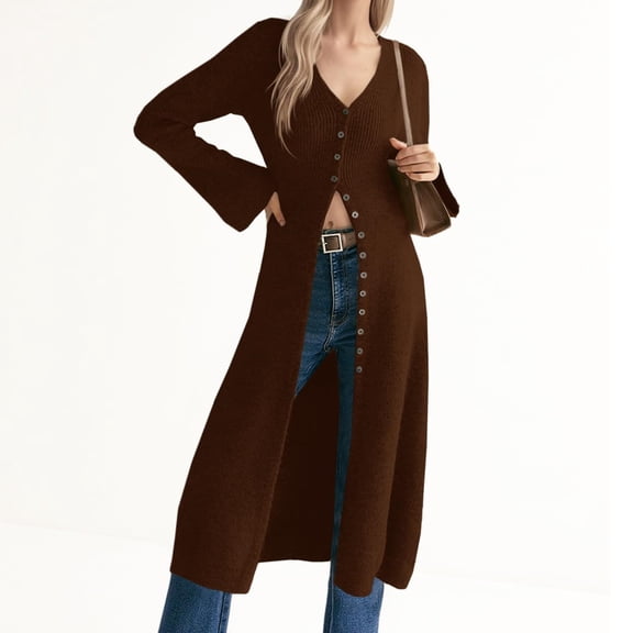 Bell Sleeve Women Solid V Neck Casual Long Button Down Knit Cardigan