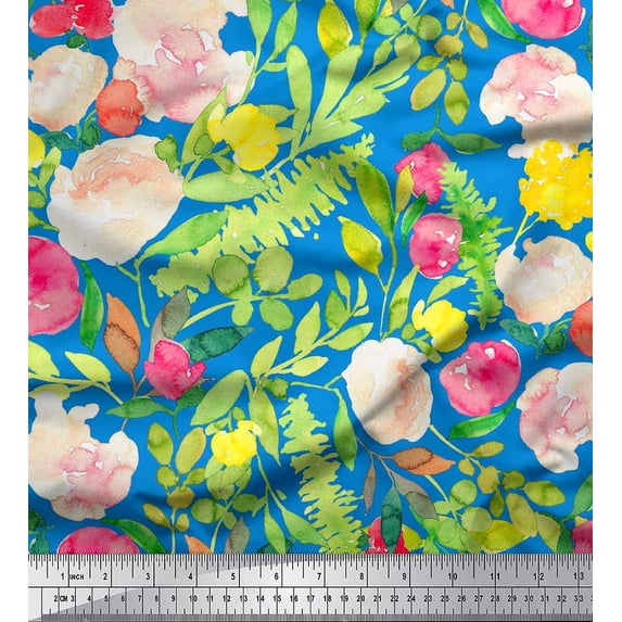 Soimoi Velvet Fabric Flower & Leaves Watercolor Printed Craft Fabric by the Yard 58 Inch Wide