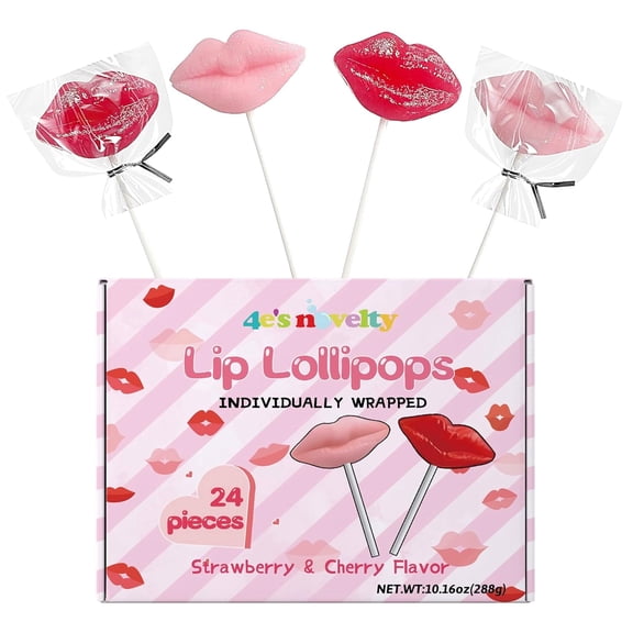 4E's Novelty 24 Pack Lip Lollipops Bulk Strawberry Valentine Candy Suckers Party Favors Kids Gifts