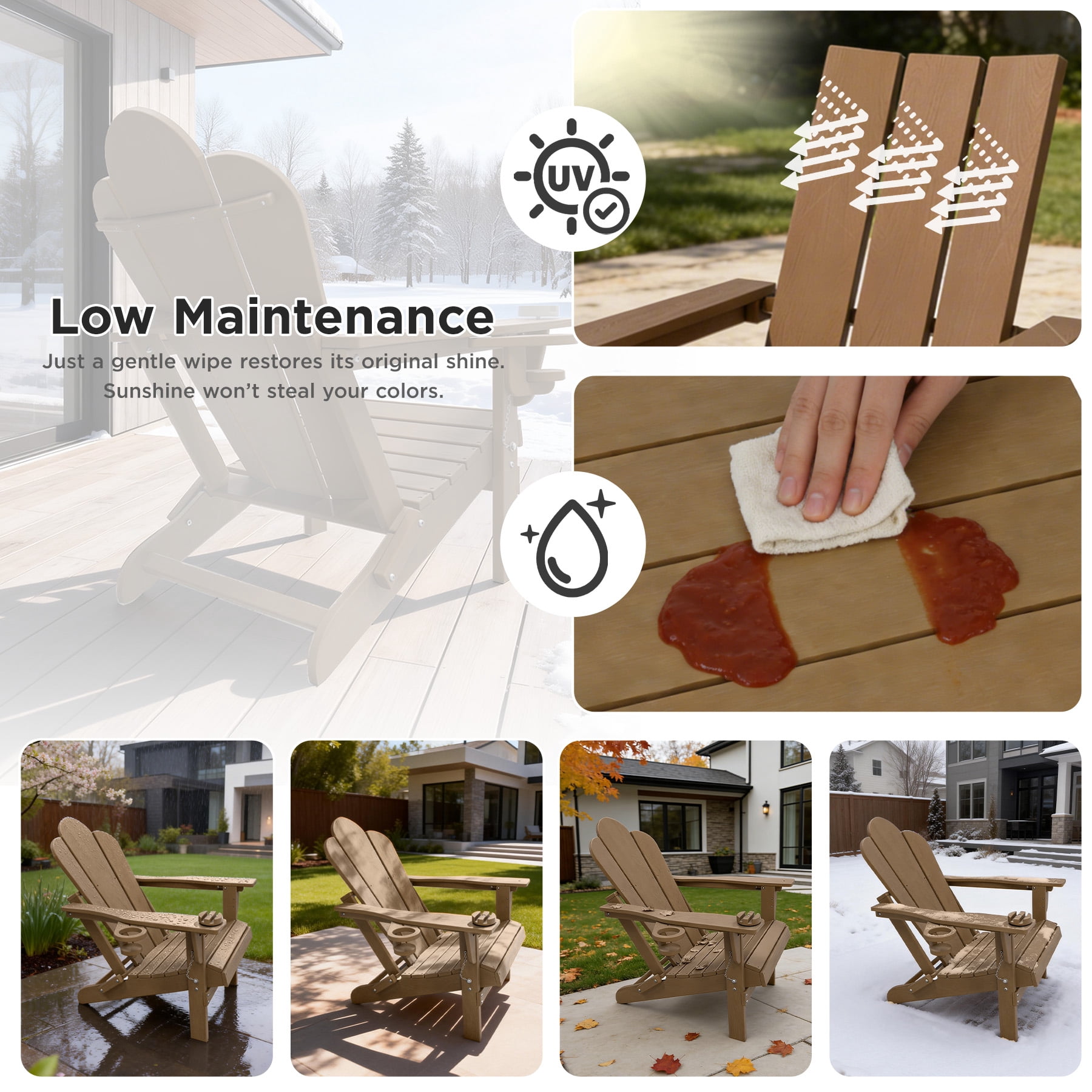 Tappio Folding Adirondack Chair Set of 2, All Weather HDPE Outdoor Patio Chairs with 3- Position Adjustable Backrest, Detachable Multifunctional Holders and Cup Holders, Fire Pit Chairs, Brown