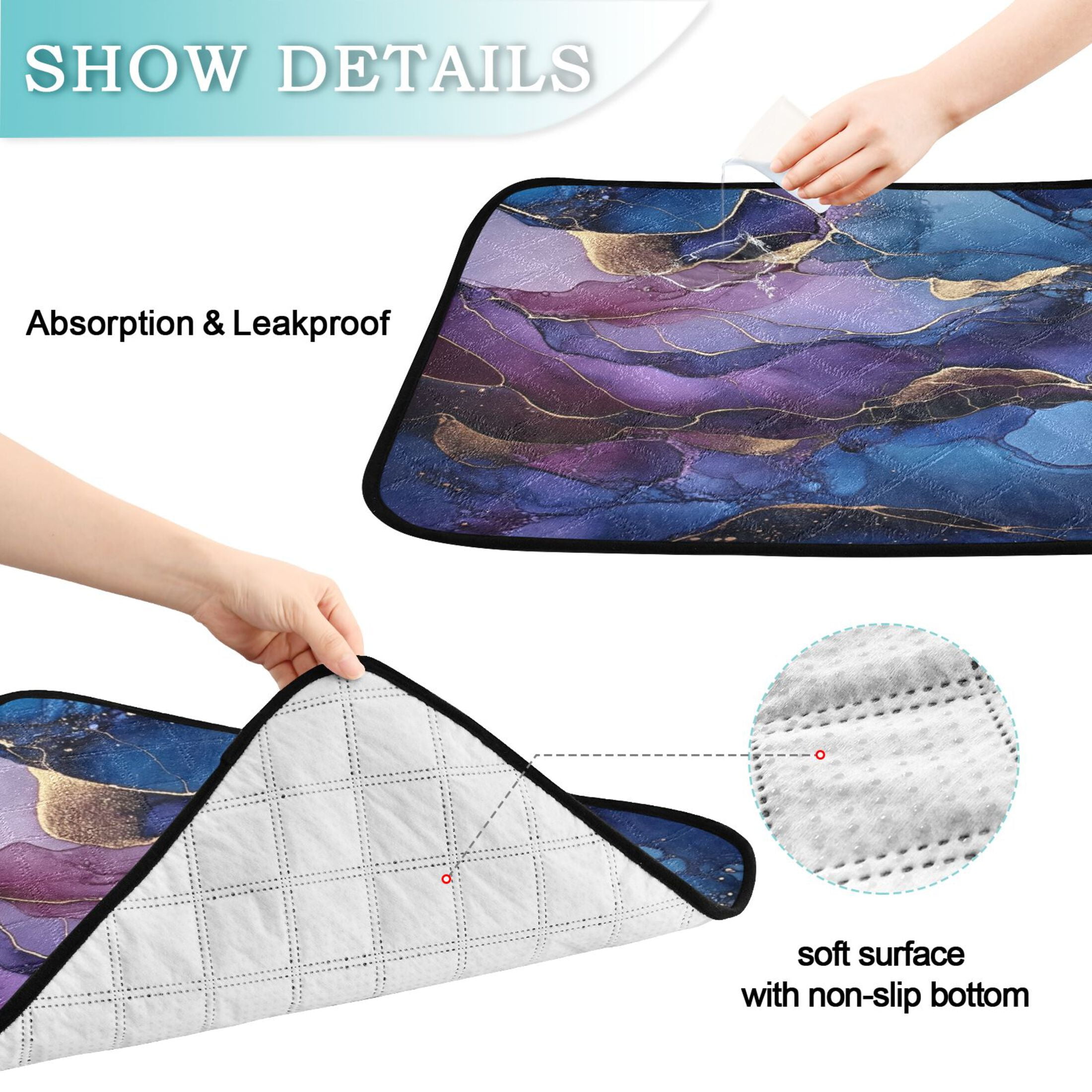 Qxltty Gilt Blue Marble Cat litter Pads Pet Set of 3 Diaper Mats Center Anti-leakage Layer Absorbent Soft and Comfortable