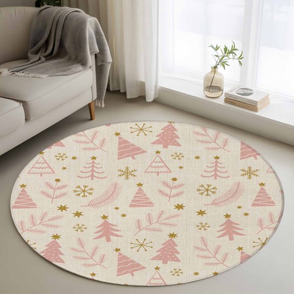 Round Area Rug 4 Ft, Christmas Tree Washable Non-Slip Circle Carpet for Living Room/Bedroom, Winter Xmas Pink Pine Snowflake on Linen Low-Profile Crawling Mats Collection Rugs for Indoor