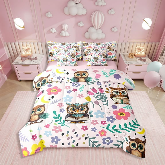 Twin Comforter Set 7 Pieces, All Season Reversible Bed in a Bag Twin, Ultra Soft Twin Bedding Set with Owl Comforter, Flat Sheet, Fitted Sheet, Pillowcases, Pillow Shams (Pink, Twin)