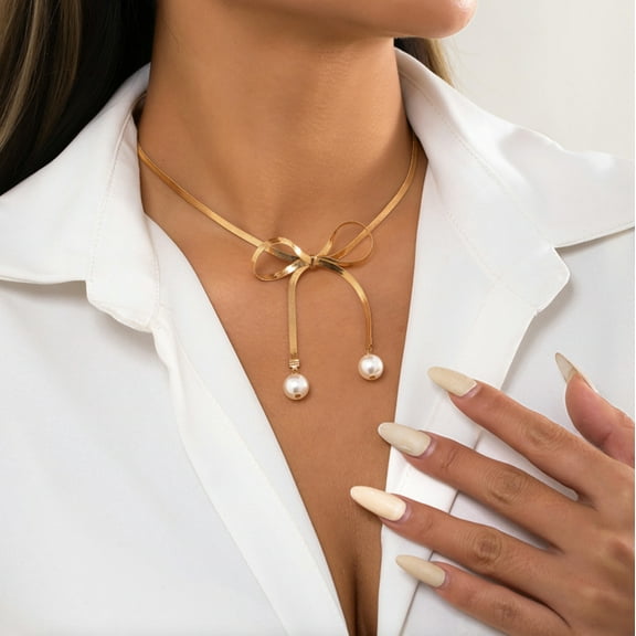 Goldtone Charming Bow Pearl Herringbone Choker Necklace