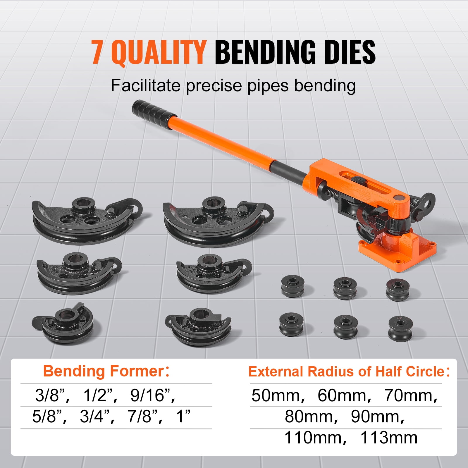 KFFKFF Pipe Tube Bender, 3/8" to 1" OD Manual Pipe Tube Bender with 7 Bending Dies, 180° Copper Aluminum Pipes Bending Tools for HVAC Air Conditioning Refrigerator Auto Repair