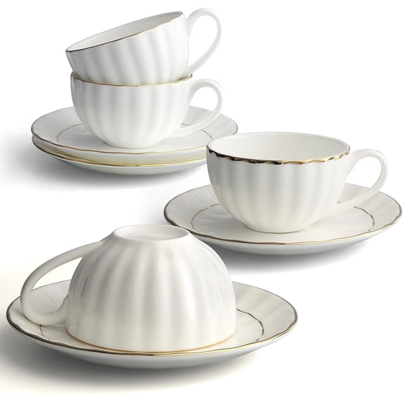 Mojitor Tea Cup and Saucers Set of 4(6.09oz), Bone China Tea Cups with Gold Trim, White Teacup for Tea, Milk, Latte, Mocha, Espresso, Microwave & Dishwasher Safe, for Party Cafe Home