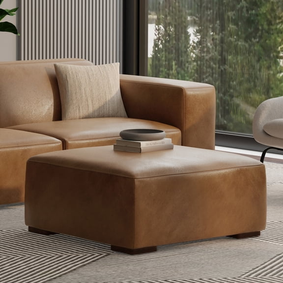 Leather Ottoman Rectangular Coffee Table Footrest - 34" Wide Caramel Brown