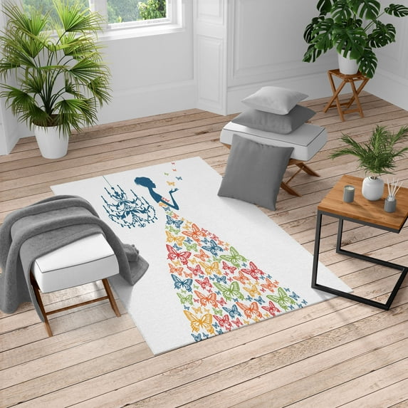 Vintage Turkish Area Rug, Love Country Wedding Themed Romantic Butterflies Cartoon Retro Parisienne, Soft Carpet for Living Room Decor with Distressed Look, 2.6' x 5', Dark Teal, by Ambesonne