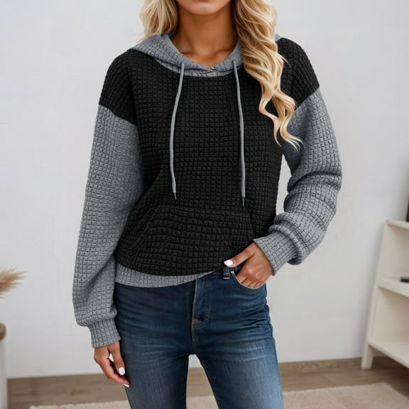 Hoodies for Women Black Waffle Hoodie Long Sleeve Tops Casual Women Pullover Hoodie Cute Hoodie S