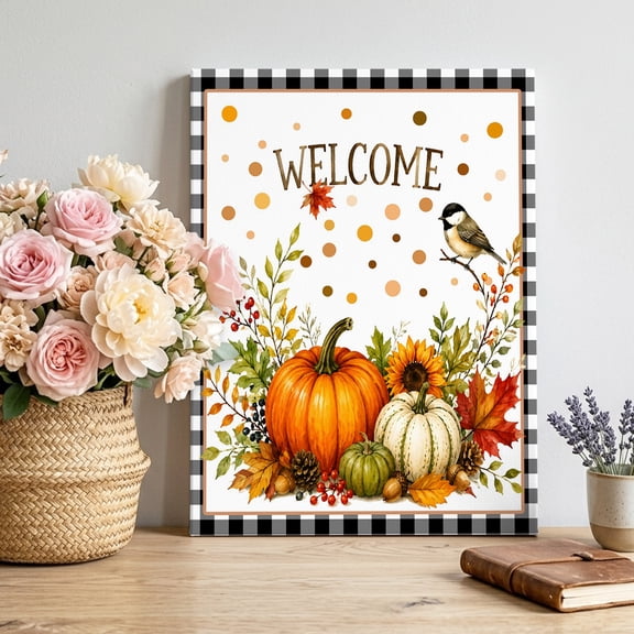 Welcome Thanksgiving Canvas Wall Art for Living Room, Fall Pumpkin Sunflower Bird Maple Leaf Black Plaid Poster Print Painting for Bedroom Office Home Decoration Wall Pictures Prepare To Hang 8"x12"