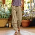thumbnail image 4 of cocolona Womens Summer Lace Hollow Out Linen Pants Elastic Waist Straight Wide Leg Vacation Beach Trousers with Pocket, 4 of 5