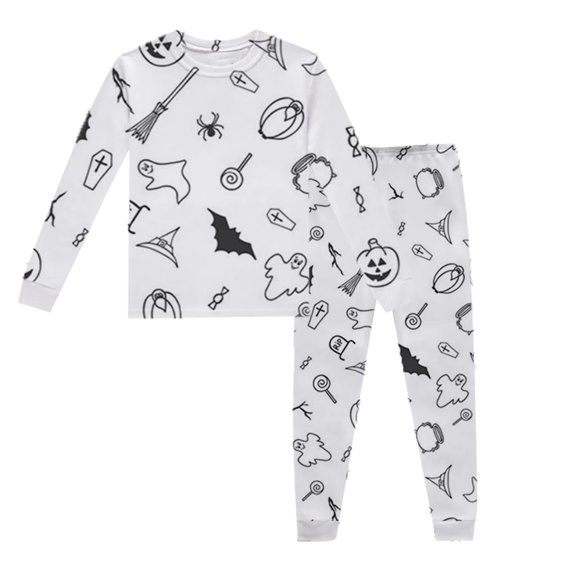 REDARER Kids Two Piece Long Sleeve Pajama Set Crew Neck Top Elastic Long Pants Ghost Pumpkin Bat Witch Hat Print Sleepwear Loungewear for Halloween Daily Holiday Party Dress Up,2-3 Years