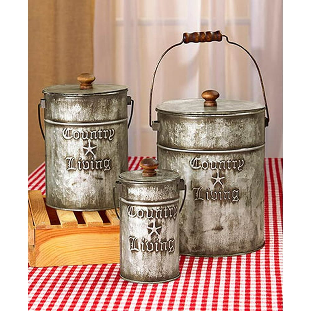 3 GALVANIZED CANISTERS Vintage Retro Country Living Kitchen Bath Laundry Storage