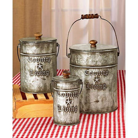 - 3 GALVANIZED CANISTERS Vintage Retro Country Living Kitchen Bath Laundry Storage