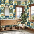 thumbnail image 4 of Mexican Talavera Peel and Stick Wallpaper Floral Star Tile Blue Yellow Scandinavian Folk Wall Mural 23.6in x 9.8ft Self Adhesive Removable Wall Paper Renter Friendly Wallpaper for Bedroom, 4 of 8