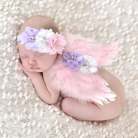 Newborn Baby Girls Pink Feather Angel Wing +Flower Headband Photography Prop