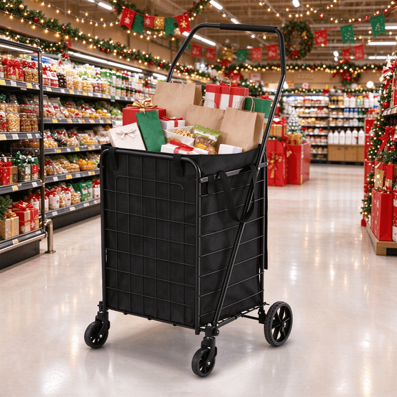 Uforic Folding Shopping Cart with Waterproof Liner, Collapsible Utility Cart with Wheels, Portable Grocery Cart for Seniors, Shopping, Laundry, Storage, Camping