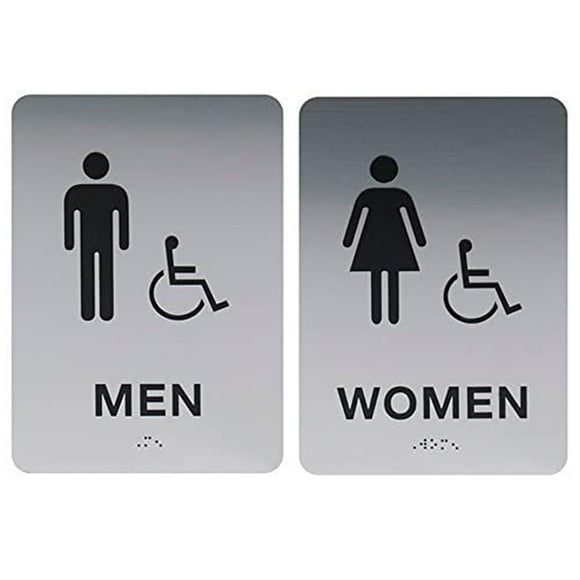 Custom Product Solutions Men &amp; Women ADA Restroom (Bathroom) Modern Chic Sign w/Braille - Silver/Black