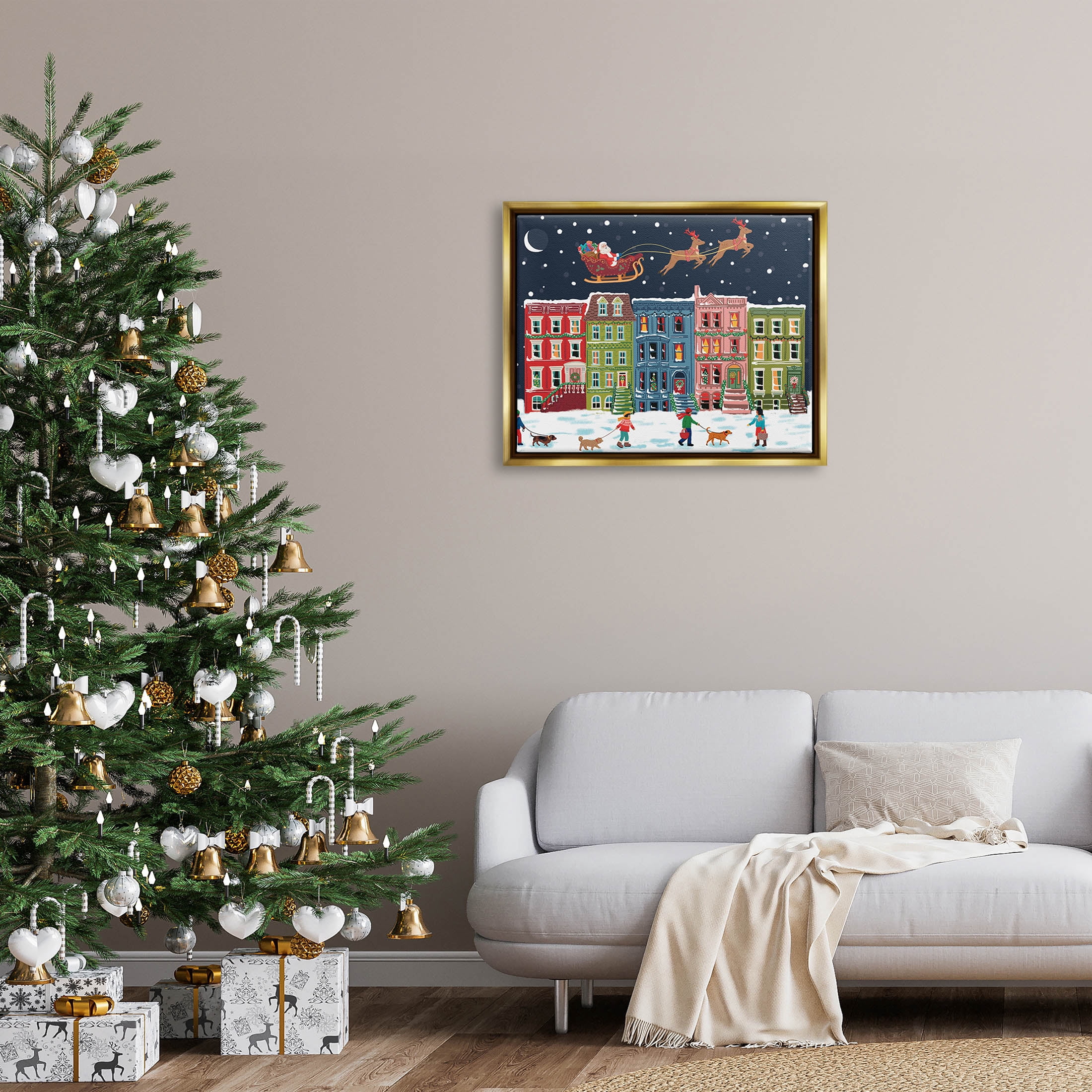 Snowy Christmas Town Santa Overhead Holiday Graphic Art Metallic Gold Framed Art Print Wall Art