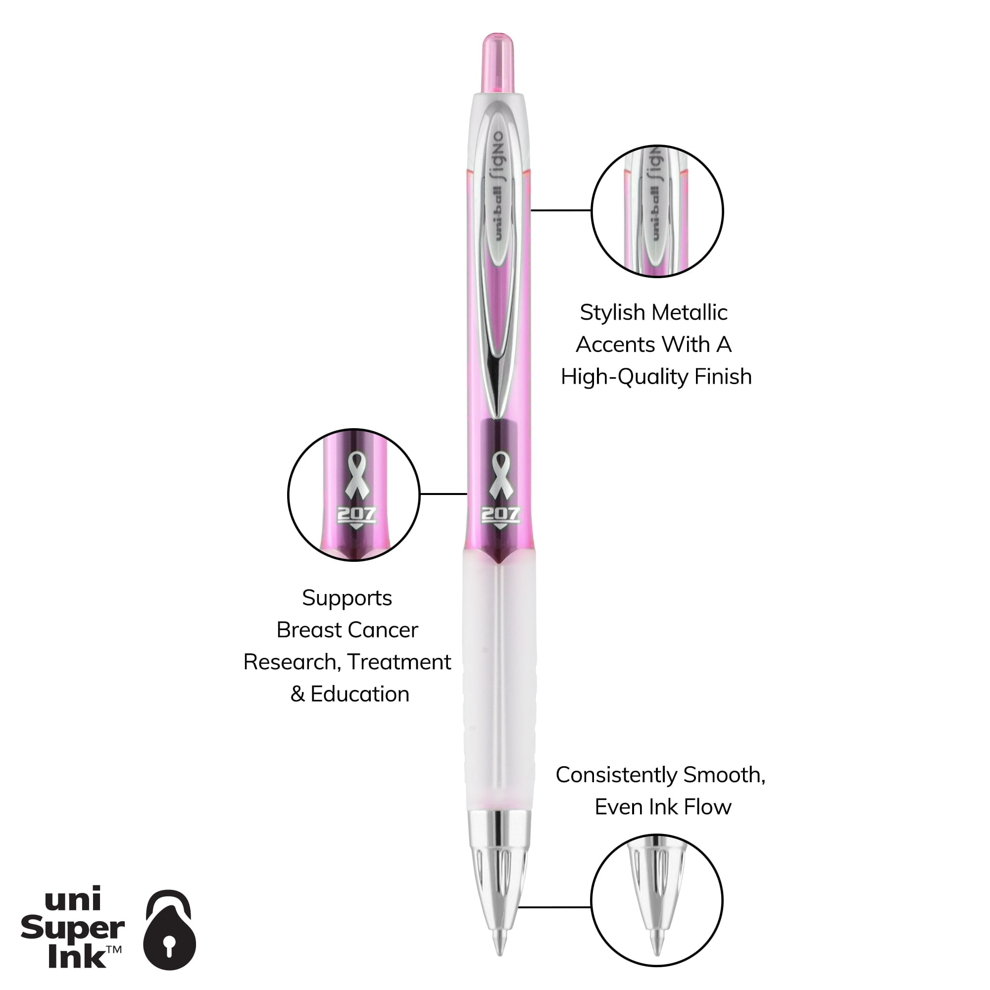 uniball 207 Pink Ribbon Retractable Gel Pens, Medium Point (0.7mm), Black Ink, 36 Count