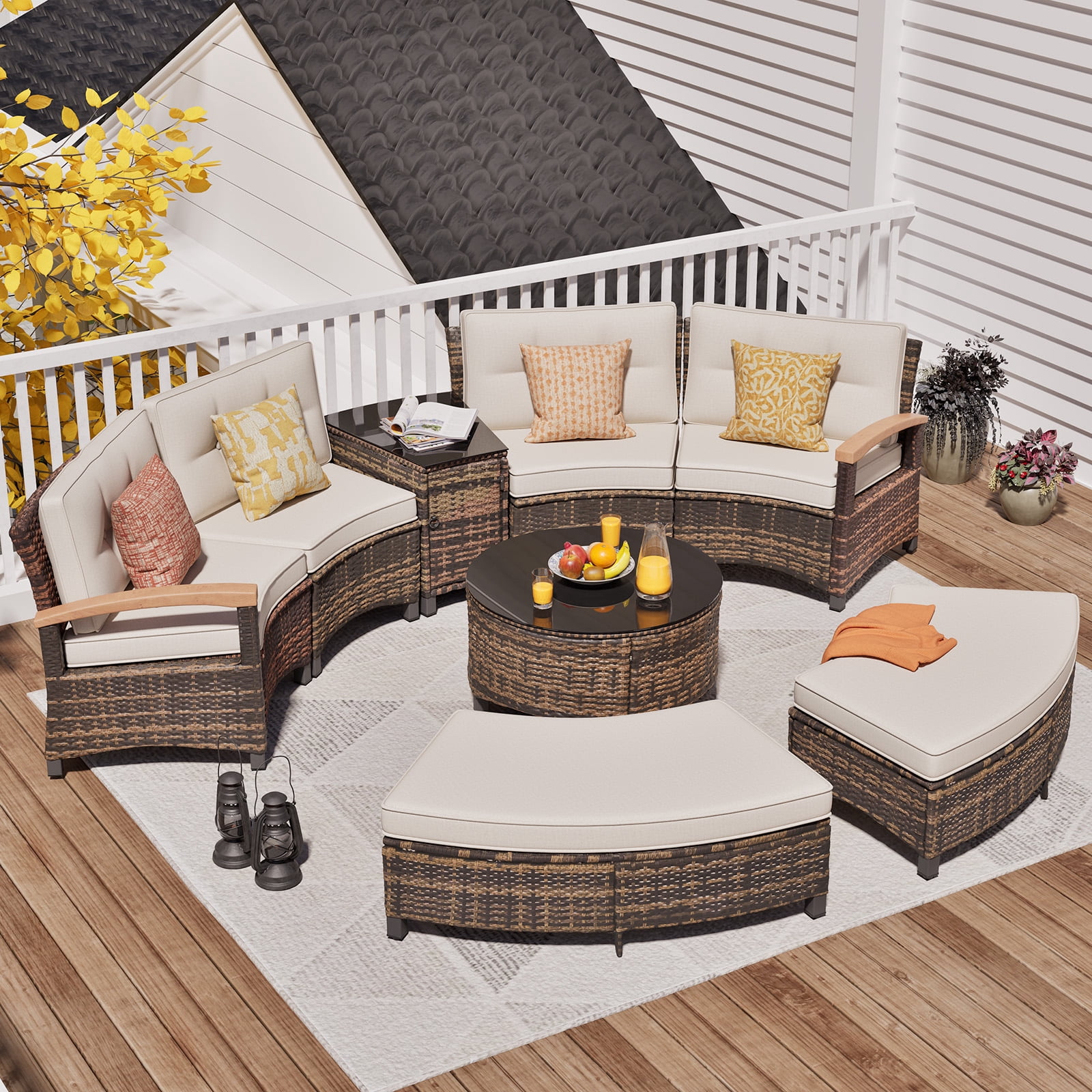 MEISSALIVVE 8 Piece Outdoor Patio Furniture Set, Half-Moon Curved Rattan Conversation Set with Wood Armrest, 2 Ottoman, Coffee Table & Side Table(Beige)