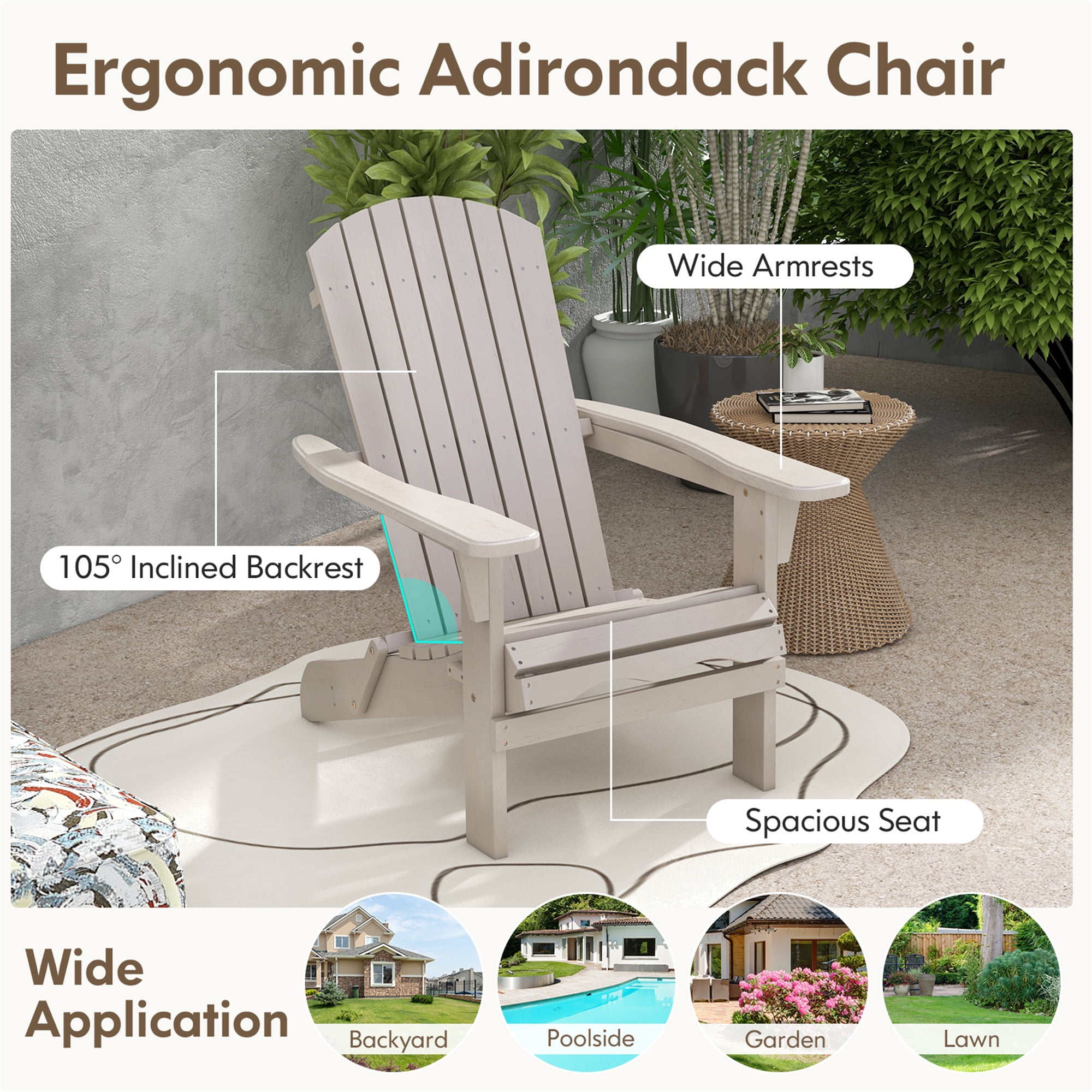 Gymax Folding Adirondack Chair Set of 2 w/ High Backrest & Wide Armrests Wooden Gray