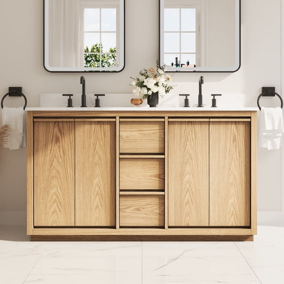 ANGELES HOME 60" Freestanding Oak Bathroom Vanity with Double Undermount Sinks, Carrera White Quartz Countertop, 4 Soft-Close Doors & 3 Drawers, CUPC Undermount Sinks