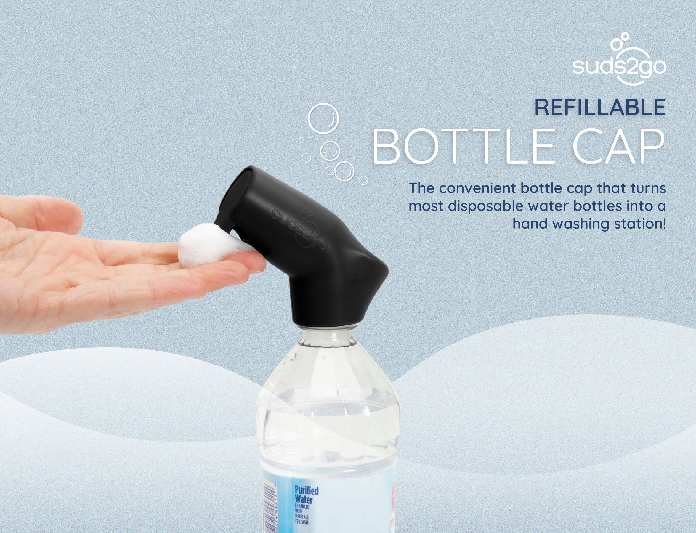 Suds2Go Refillable Caps, 2 Pack - Universal Fit Turns Most Disposable Water Bottles Into A Hand Washing Station - Includes Refillable Soap Reservoir - Conveniently Sized to Take on the Go - Black