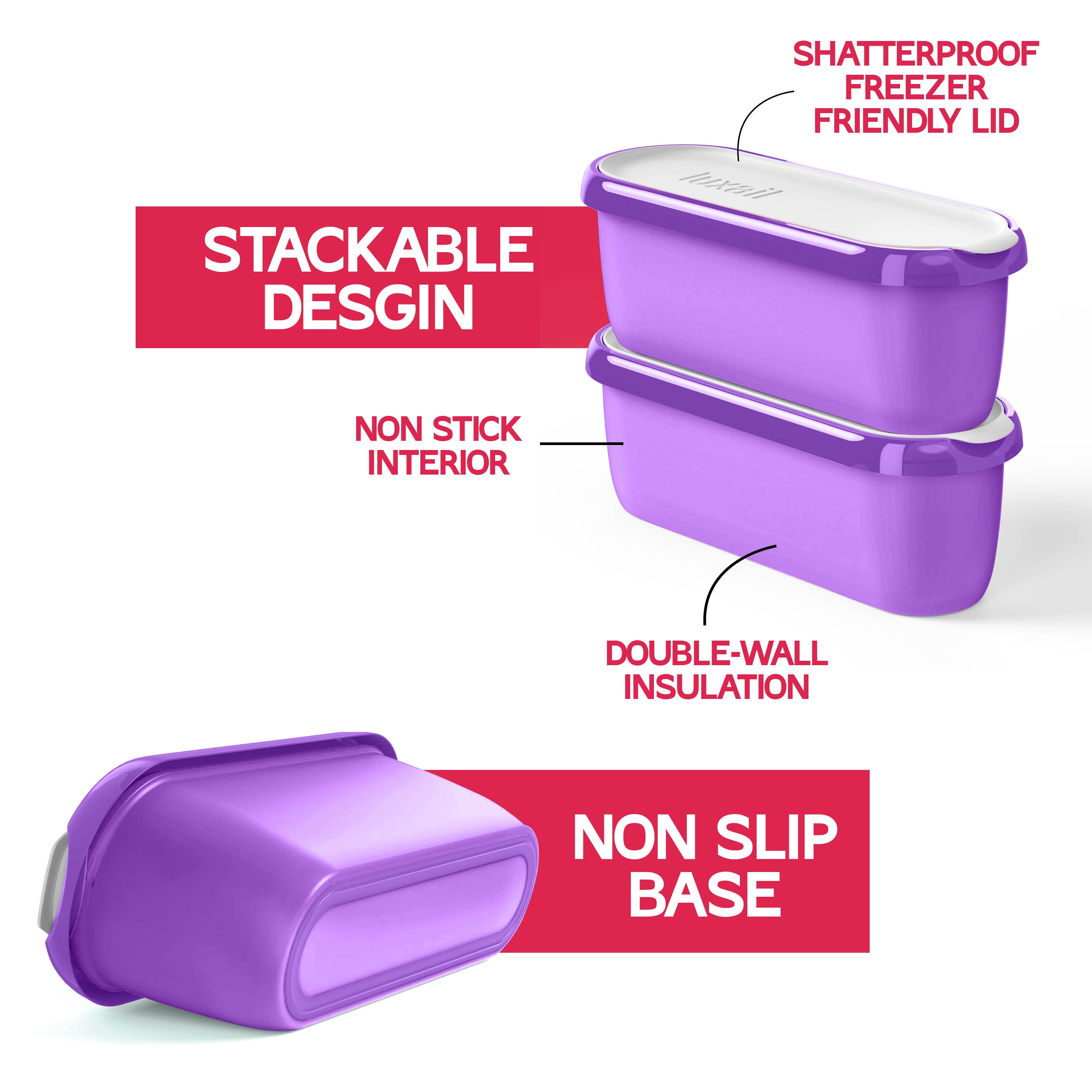 Luxail Ice Cream Container with Lids, BPA Free Plastic, Double Insulated, 1.5 Quart, Purple