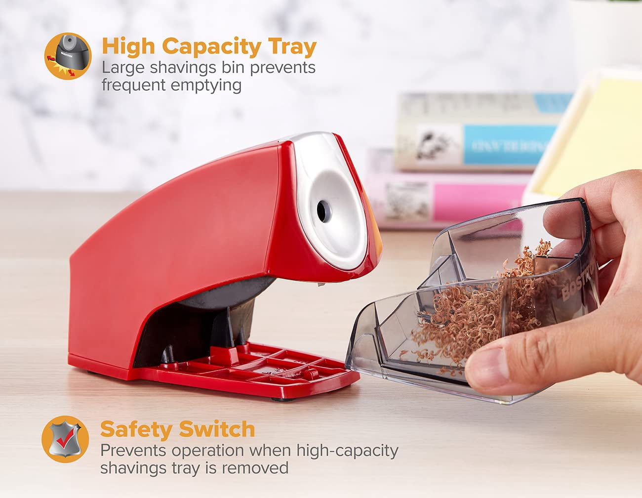 Office Electric Pencil Sharpener for Classroom & Desk Use, Heavy-Duty Stall-Free Motor, High-Capacity Shavings Tray, Red