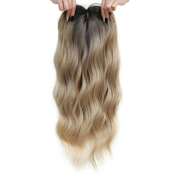 22 Inch Gradient Deep Golden Wavy Hair Topper for Women, Synthetic Heat-Resistant Fiber, Realistic Lace Scalp, Secure Fit with Anti-Slip Clips