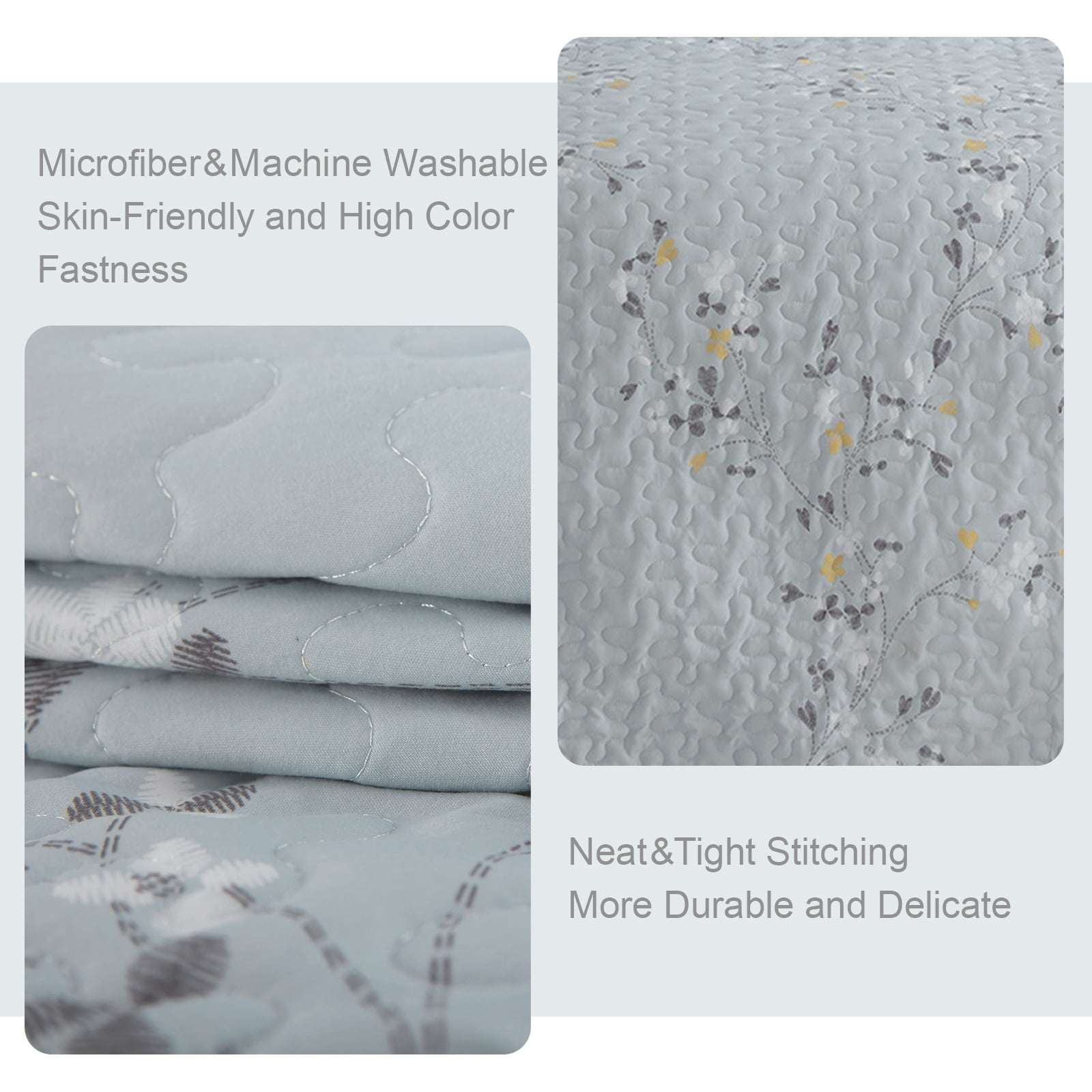 Exclusivo Mezcla Microfiber Queen Size Quilt Set, 3 Pieces Lightweight Bedspreads/ Coverlet/ Bedding Set with 2 Pillow Shams, Floral Pattern (96"x 92", Light Blue)