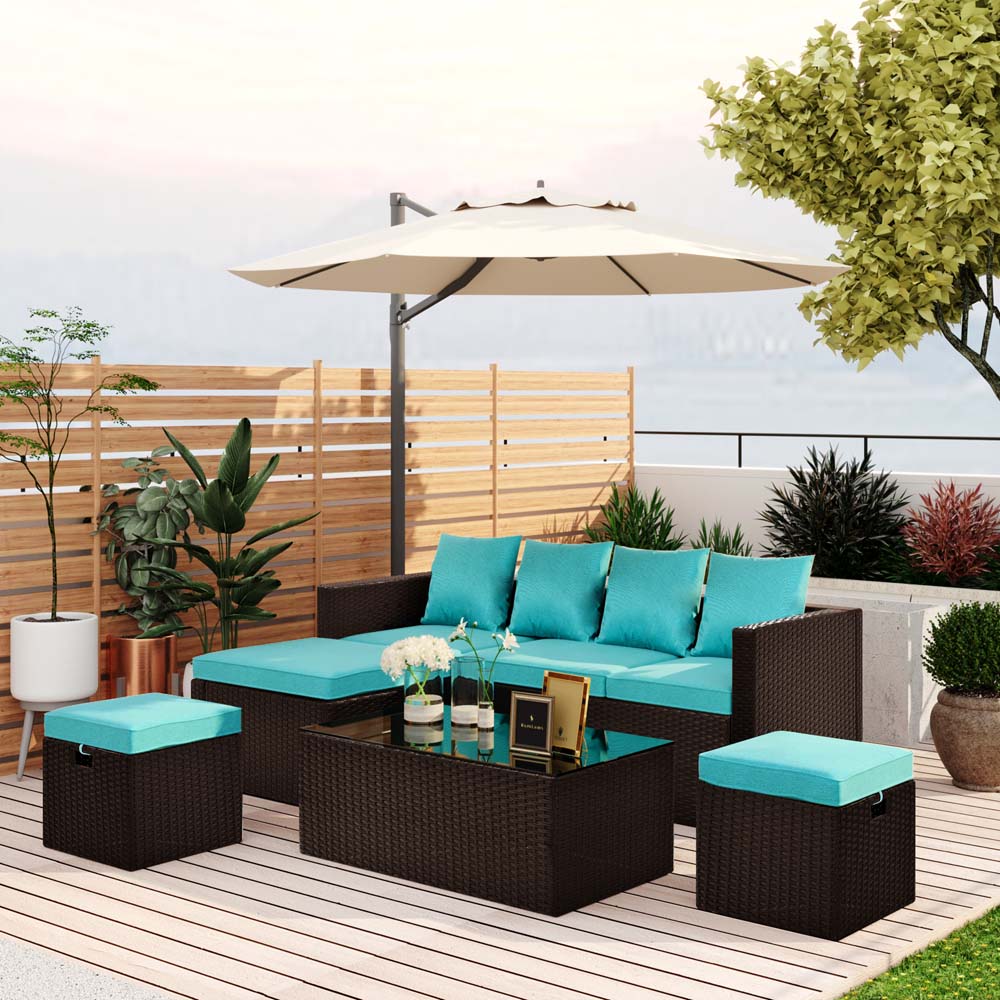 Outdoor Conversation Sets, YOFE 5 Piece Sectional Sofa with Beige Cushions, Rattan Wicker Patio Furniture Sets w/ Coffee Table, Sofas, Ottomans, Patio Dining Set for Backyard Pool Garden, Brown, D2569 - image 2 of 12