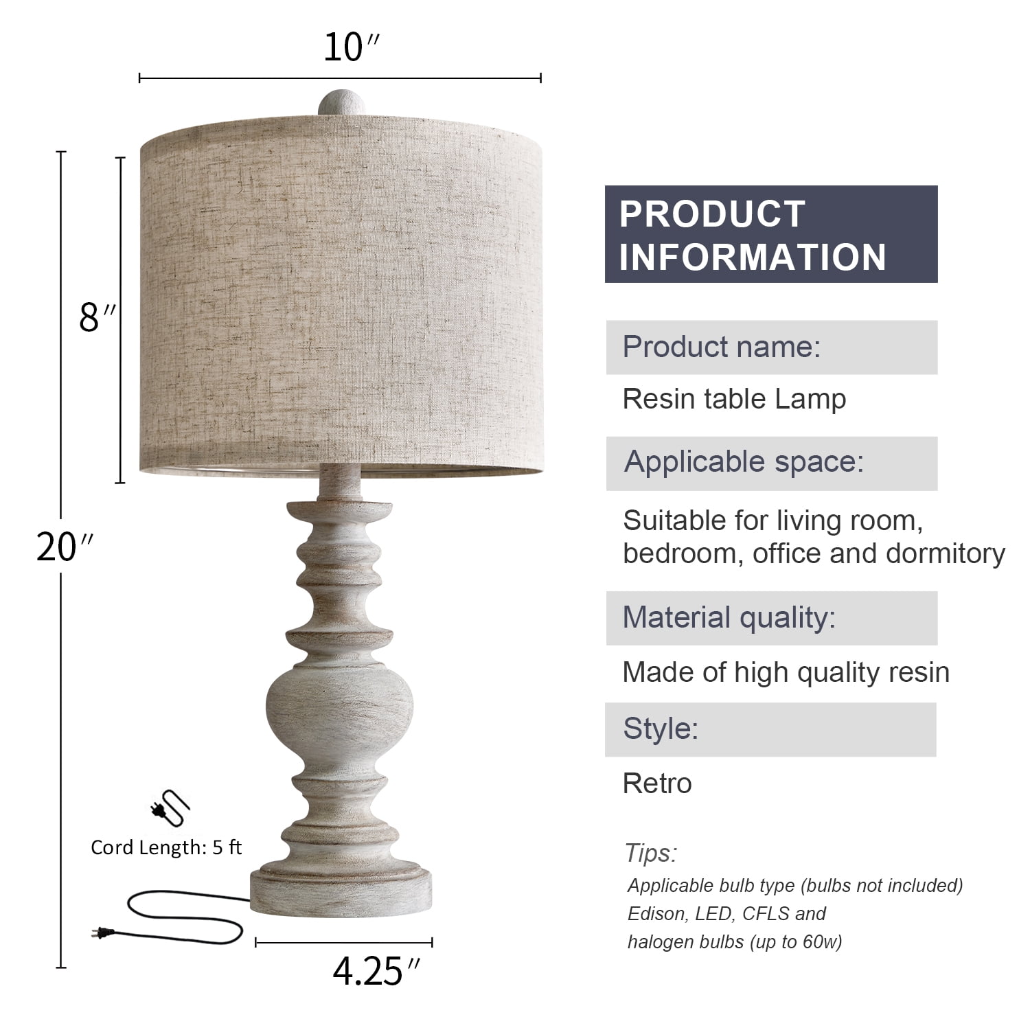 Oneach Farmhouse Table Lamp for Living Room Bedroom 20" Retro Nightstands Bedside Lamps Resin