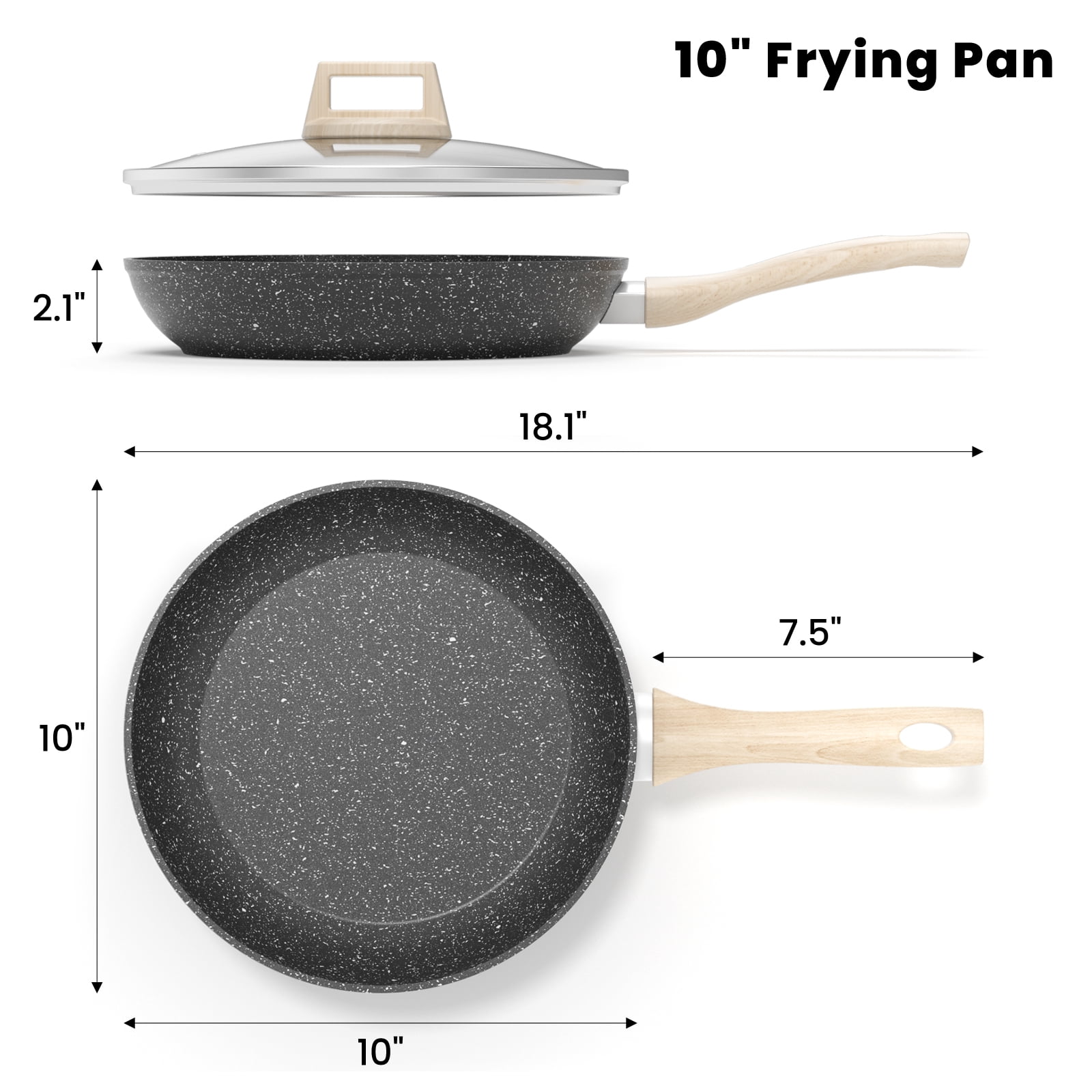 Nonstick Frying Pans Skillet with Lid, 10" Granite Fry Pans, Aluminum Omelet Egg Pan with Bakelite Handle, Compatible with All Stovetops (Gas, Electric & Induction)