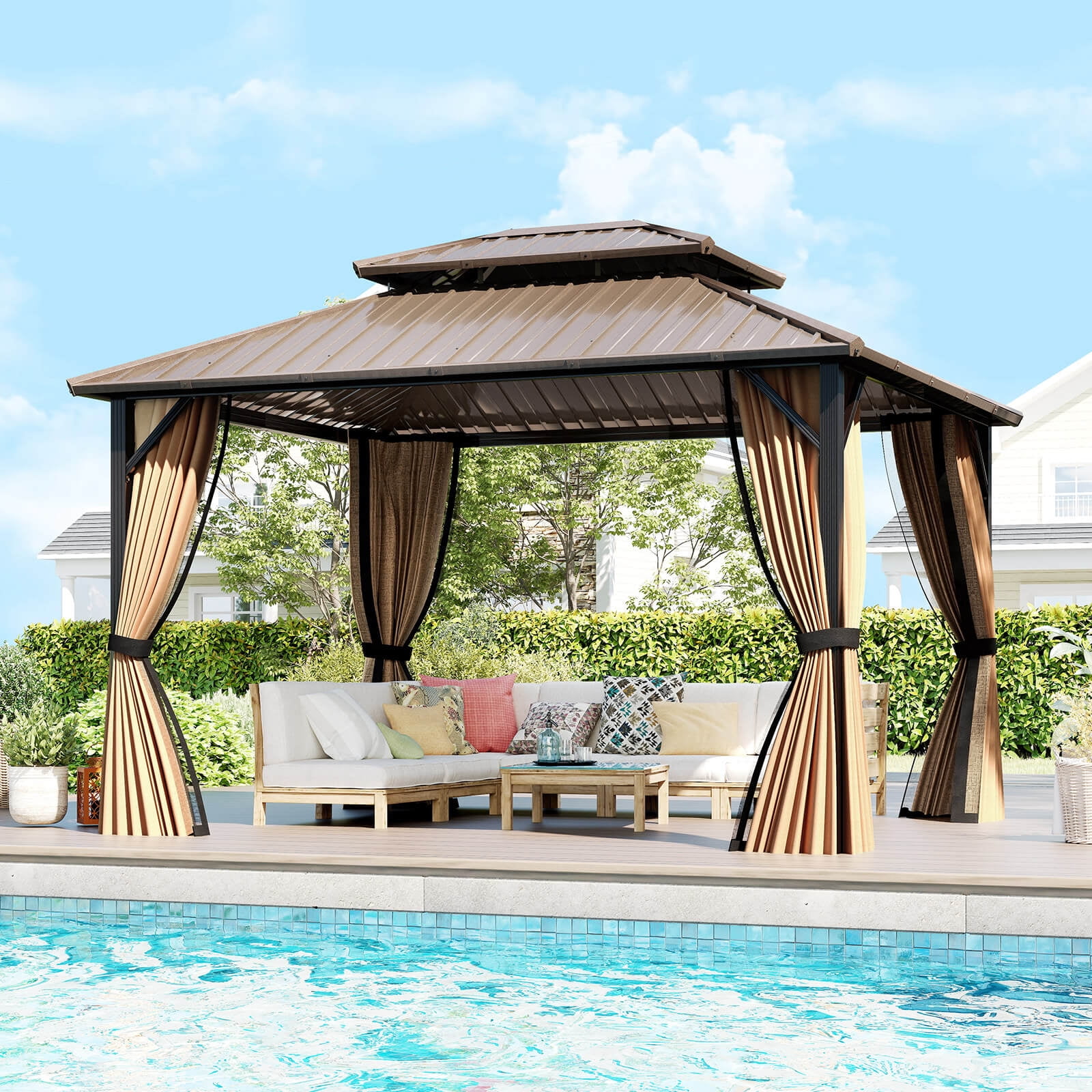 Costway 12 x 10 FT Hardtop Gazebo with Netting Heavy-Duty Double-Roof Galvanized Metal Top