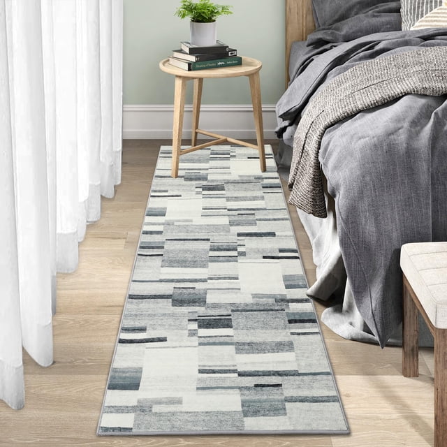 Washable Runner Non Slip Kitchen Rugs Modern Geometric Hallway Rug Indoor Entryway Rug Farmhouse Soft Bath Mat Stain Resistant Carpet for Bedroom Laundry 2 ft x6 ft Multi- Grey