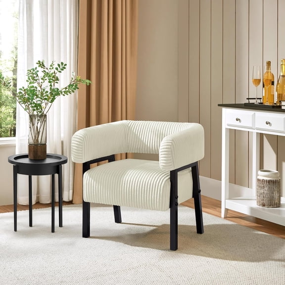 Accent Chair with Pocket Coiled Seat, Corduroy Living Room Barrel Chair Comfy Modern Sofa Armchair for Small Space Bedroom Reading