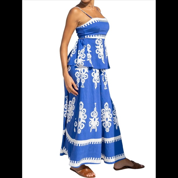 Vestidos de Verano para Mujer 2025, Vestido Veraniego Floral con Tirantes Finos, Vestido Bohemio para Vacaciones en la Playa Azul XL