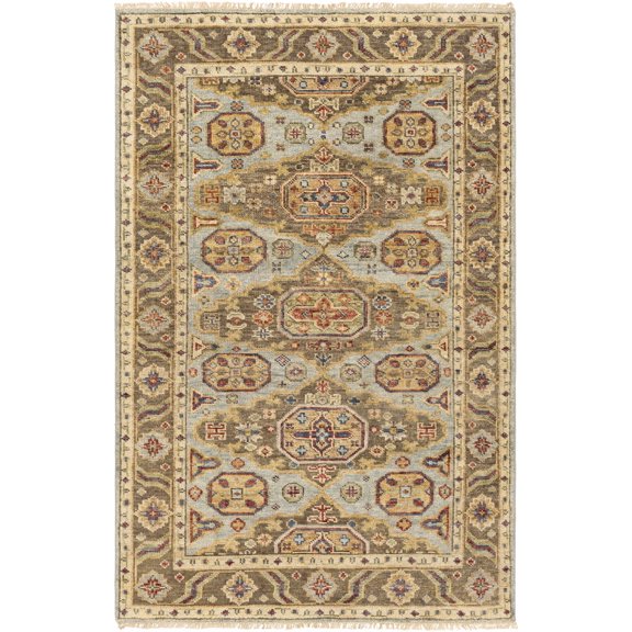 Hauteloom Jisap Wool Living Room, Bedroom Area Rug - Medallion Geometric Border - Traditional Oriental Tribal - Light, Blue, Brown - 2' x 3'