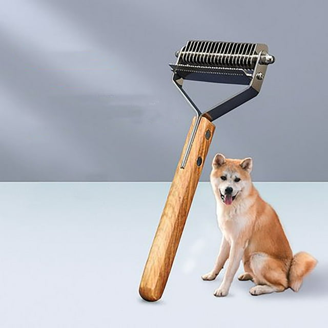 Peine y cepillo depilador para mascotas 2 en 1 | Dientes de acero inoxidable | Mango de madera | Removedor de nudos y pelo suelto para perros y gatos | Herramienta de aseo segura y duradera para el