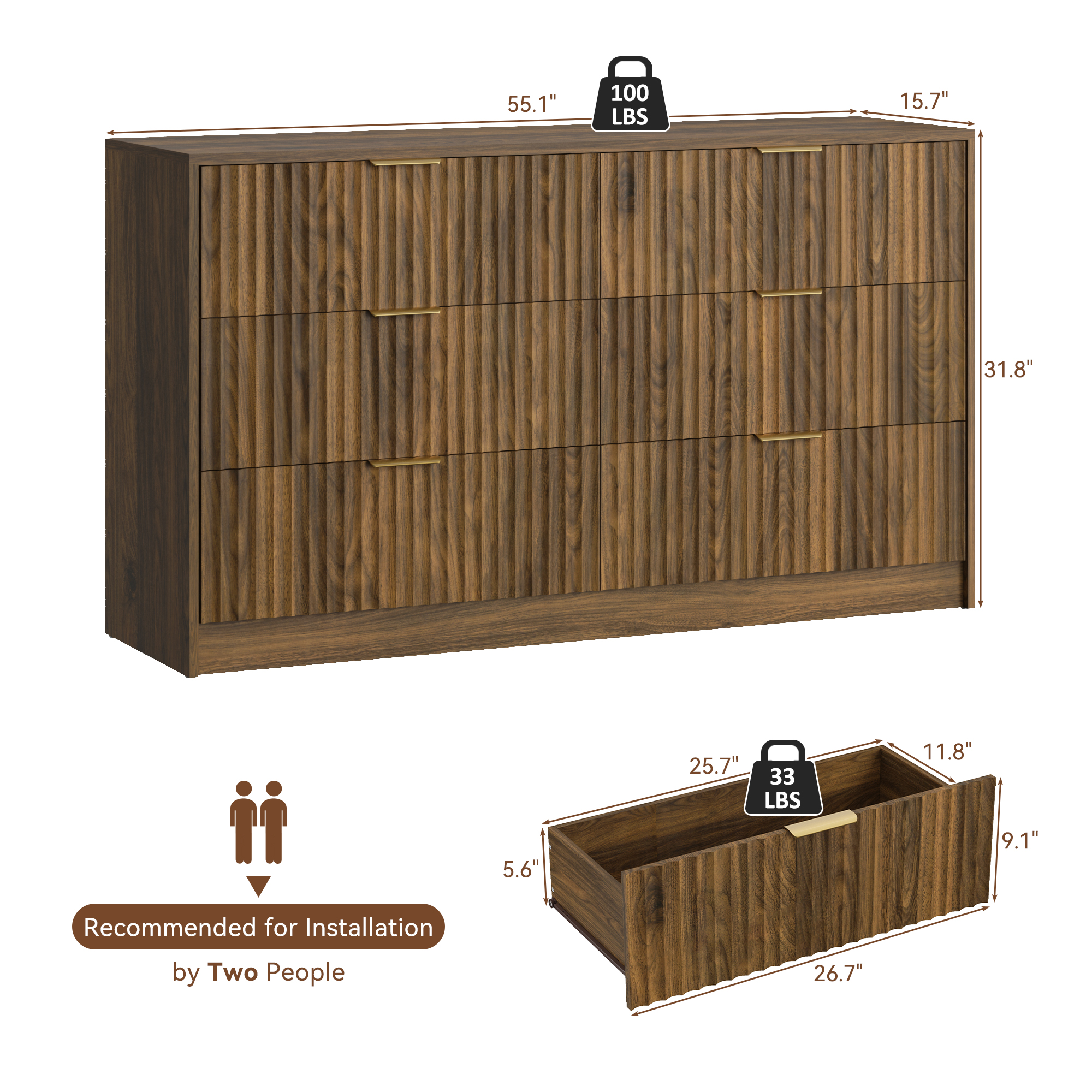 YouTrend 6 Drawer Dresser for Bedroom,55.1"Width Fluted Wood Chest of Drawer with Golden Embedded Handles for Living Room,Brown
