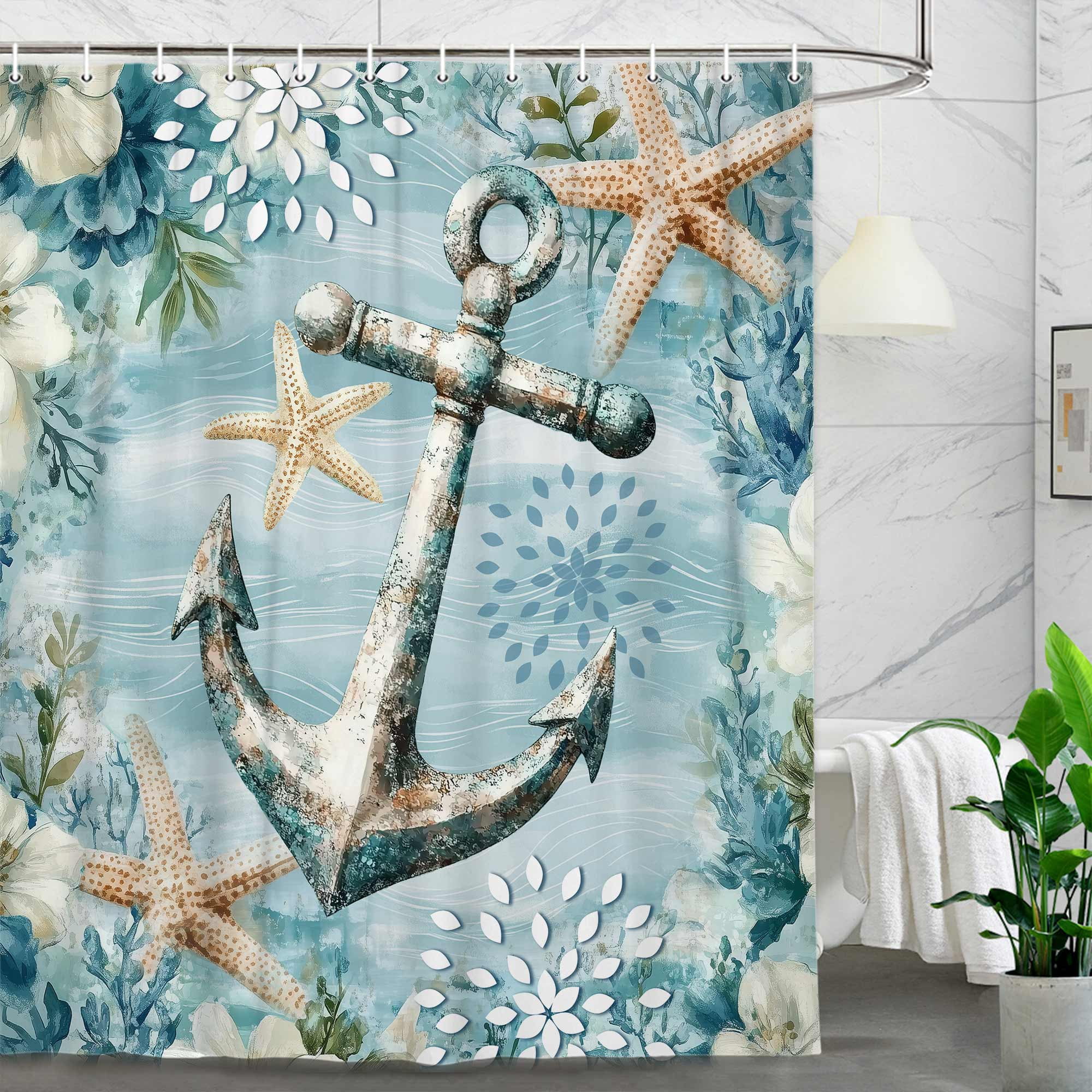 Nautical Anchor Turquoise Shower Curtain, Blue Ocean Beach Theme Seashell Nautical Rustic Decorative Bathroom Curtain, Vintage Retro Fabric Waterproof Shower Curtain Set with Hooks, 48X70in