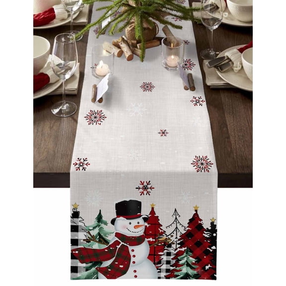 Beige Christmas Snowman Cotton Linen Table Runner for Dining Kitchen, Xmas Trees Winter Snowflake Wedding Outdoor Party Tablerunners Decoration, Dresser Scarf Coffee Tablecloth Runners 16x72 Inches