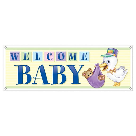 Party Central Club Pack of 12 Blue and White 'Welcome Baby' Sign Banners 60"
