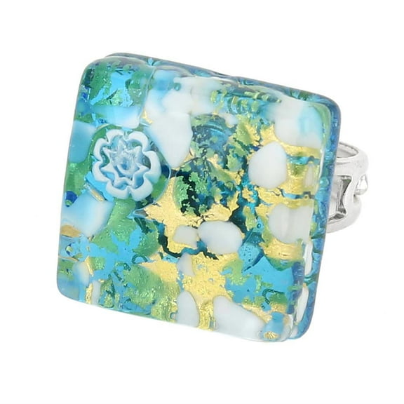 GlassOfVenice Murano Glass Venetian Reflections Square Adjustable Ring - Aqua Gold