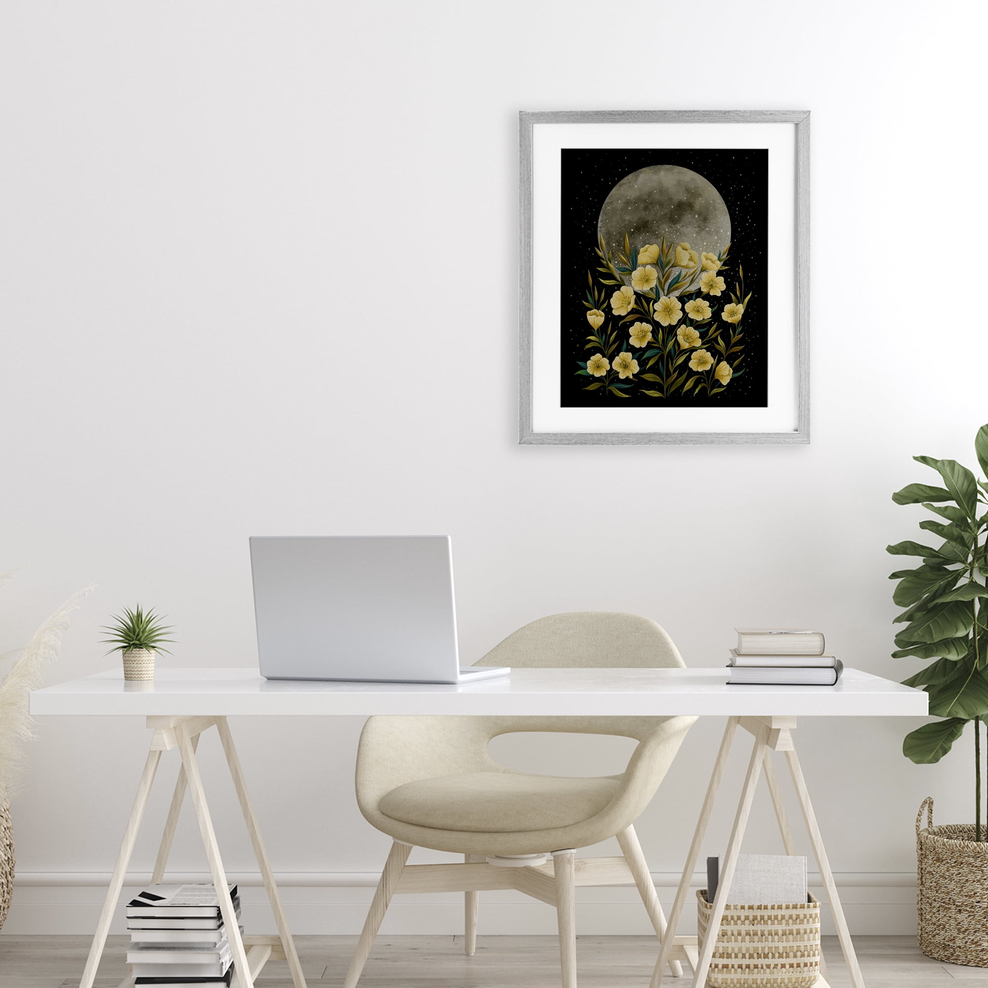 Stupell Industries Moon Greeting Yellow Flowers Gray Framed Print Under Glass, design by Episodic Drawings