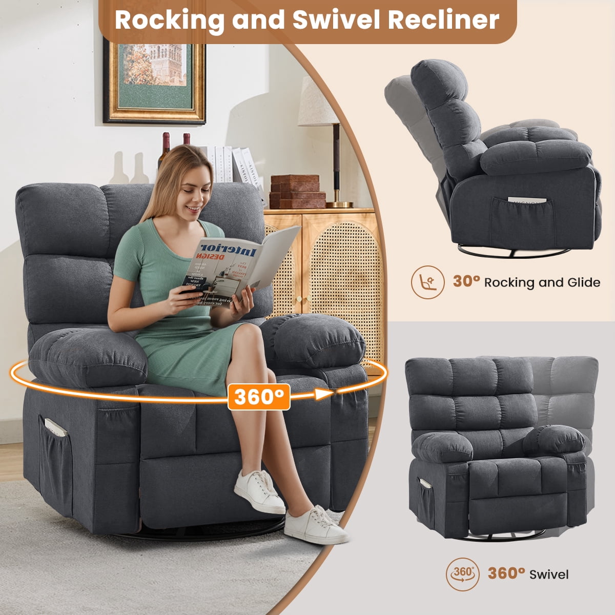 360° Swivel Manual Rocker Recliner Chair with Side and Front Pockets